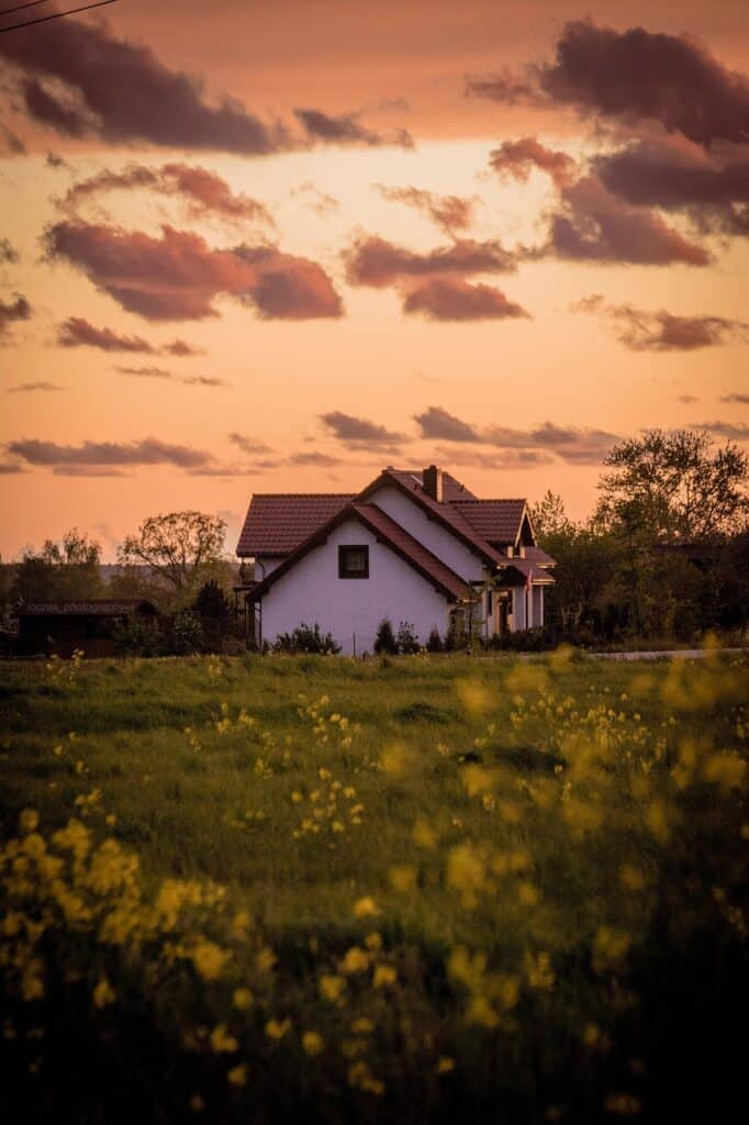 house, meadow, flower wallpaper, grass, flower background, flowers, home, building, spring, field, nature, beautiful flowers, sky, clouds